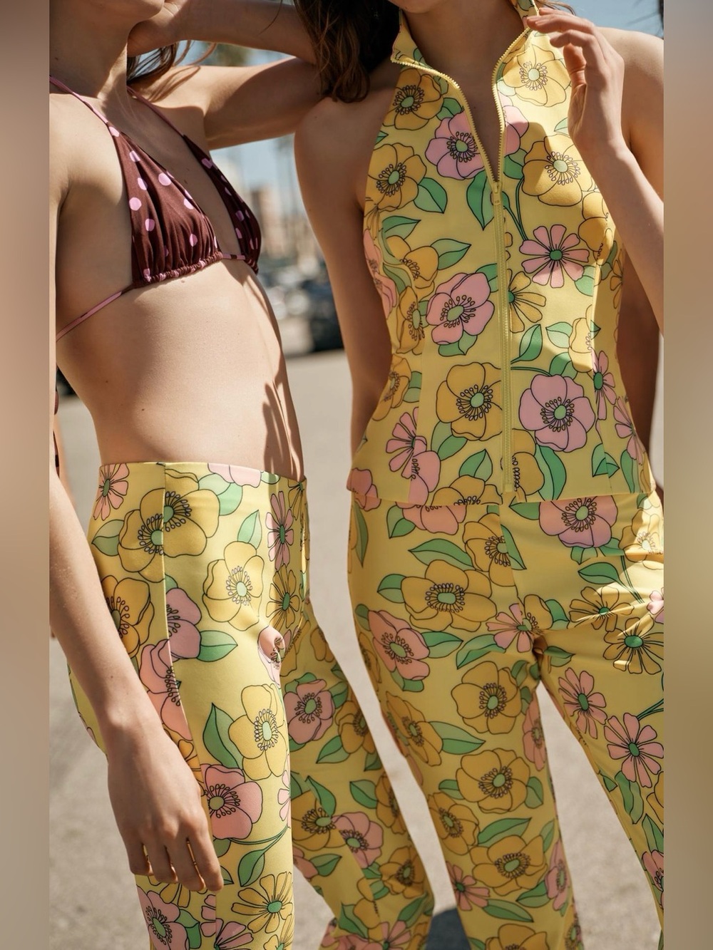 Zara Yellow Floral High-Waist Stretch Capris  And Top.